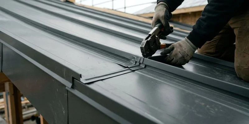 Close up of metal roofing panels showing interlocking seams and weather tight construction designed to withstand Idaho hail and snow