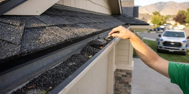 Close up view of roof gutters filled with dark asphalt granules washed from aging shingles indicating significant wear and granule loss