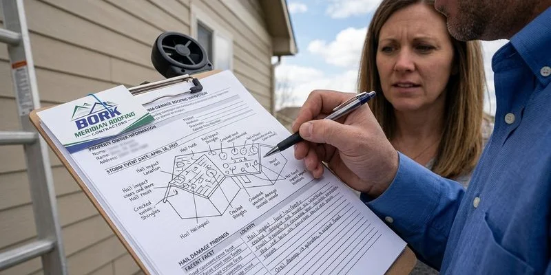 Completed hail damage inspection report with annotated roof diagram showing locations and severity of hail impacts across roof sections