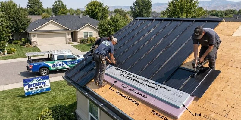 Cross section diagram showing metal roof installation layers including decking underlayment and insulation that reduce rain noise