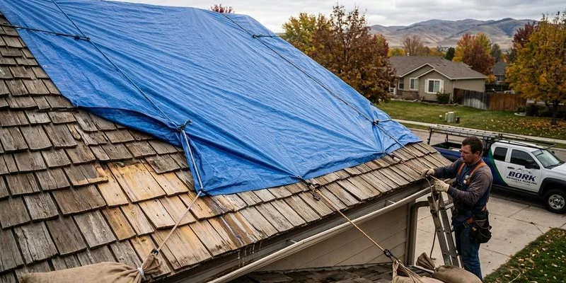 Emergency tarp secured over damaged section of residential roof preventing further water intrusion until permanent repair