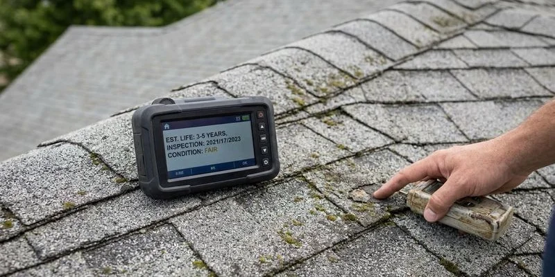Experienced roofer documenting roof condition and estimated remaining lifespan during professional inspection of Idaho home