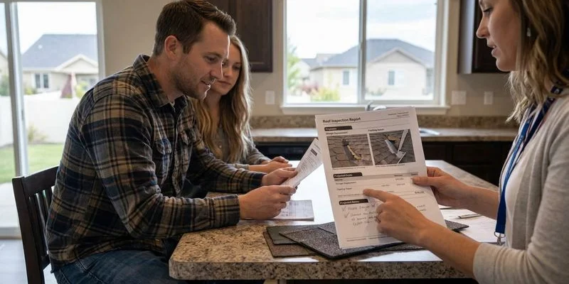 Home buyer reviewing detailed roof inspection report with cost estimates for needed repairs before making purchase offer
