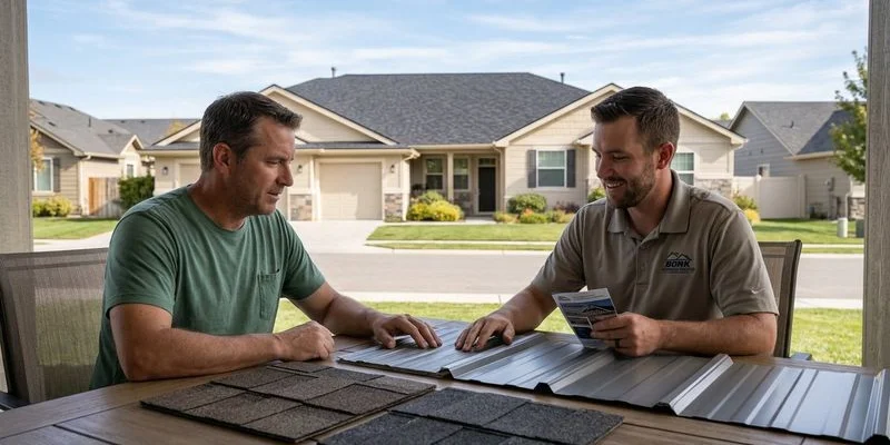 Homeowner comparing roofing material samples of asphalt shingles and metal panels on a table during consultation with contractor