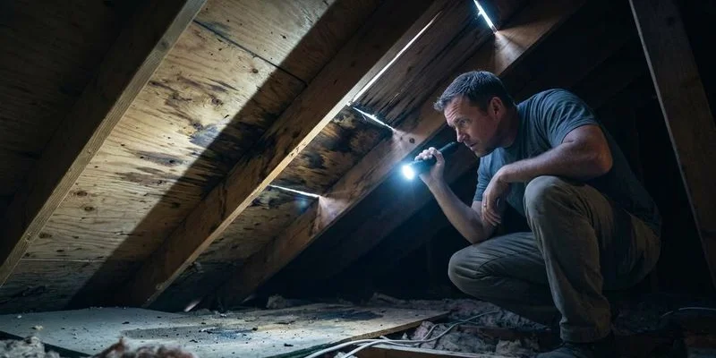 Homeowner in attic with flashlight inspecting roof decking for signs of moisture damage and daylight coming through roof boards