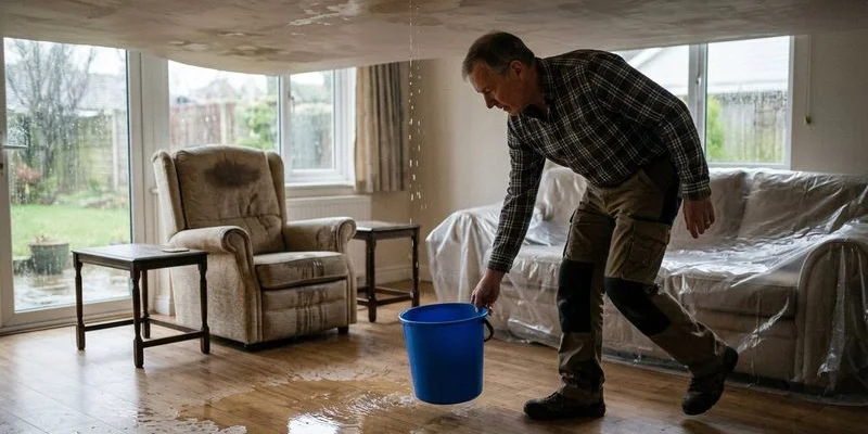 Homeowner placing bucket under ceiling leak and moving furniture away from water damage area in living room