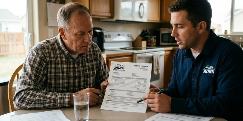 Homeowner reviewing a detailed roofing estimate with line items for materials labor and warranty information at kitchen table