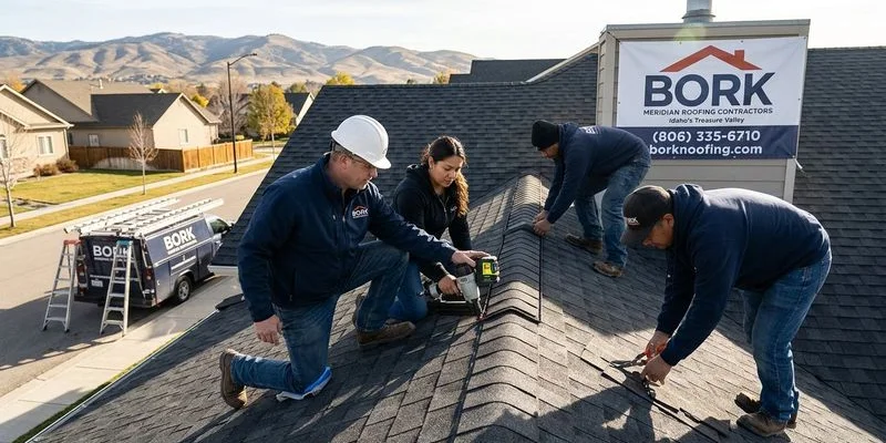 Homeowner reviewing roofing material color samples and shingle options with contractor before starting roof replacement project