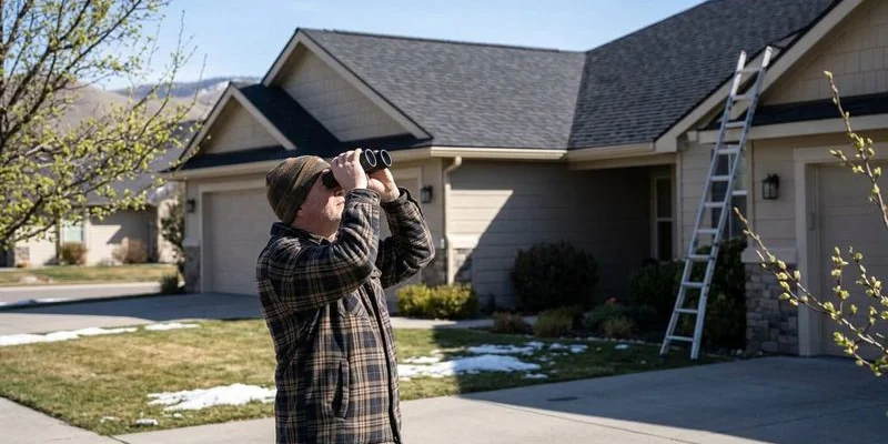 Homeowner using binoculars to inspect roof from ground level checking for winter damage in early spring Idaho sunshine