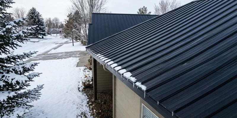Idaho home with metal roof during winter showing clean snow shedding and no ice dam formation along the eaves