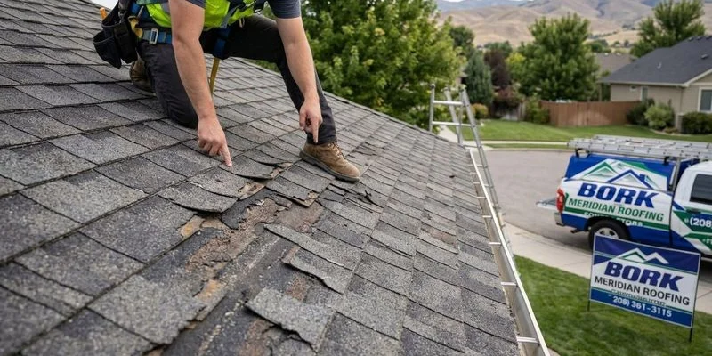 Professional roofer closely examining shingle granule loss and curling on aging roof during pre-purchase home inspection
