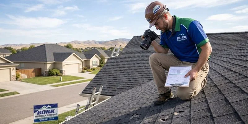 Professional roofing inspector on residential roof documenting hail damage with camera and inspection report clipboard in hand