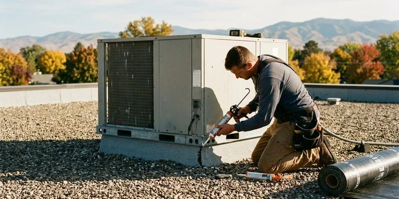 Roofing maintenance professional sealing flashing around commercial HVAC unit on flat roof during fall preparation for winter season
