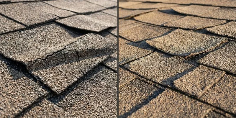 Side by side close up comparison of wind creased shingle with sharp fold line next to age curled shingle with gradual edge lift