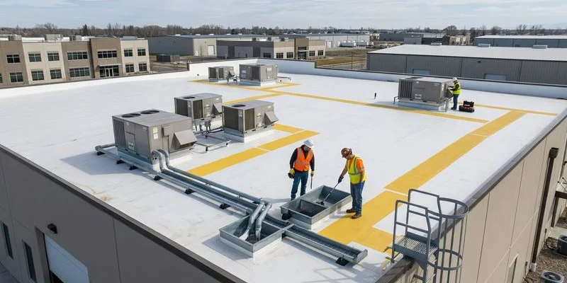 Well maintained commercial flat roof on Meridian Idaho business with clean drains organized equipment and clear walking paths visible