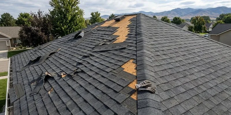 Wind damaged roof showing shingles lifted and creased along one slope with adjacent slope showing intact shingles for comparison
