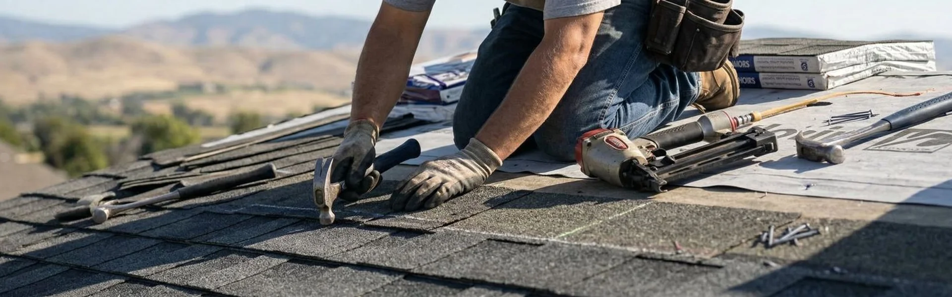 Professional roofer installing architectural shingles