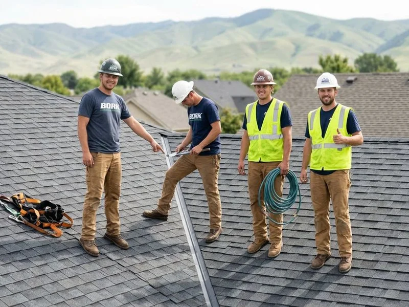 Bork Meridian Roofing crew inspecting a completed roof installation