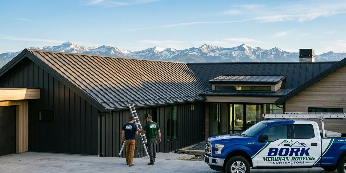 Beautiful standing seam metal roof on an Idaho home with mountain views in the background and modern architectural design