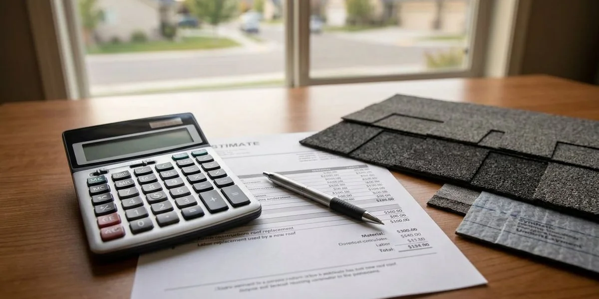 Calculator and roofing material samples on desk with a written estimate for roof replacement cost planning