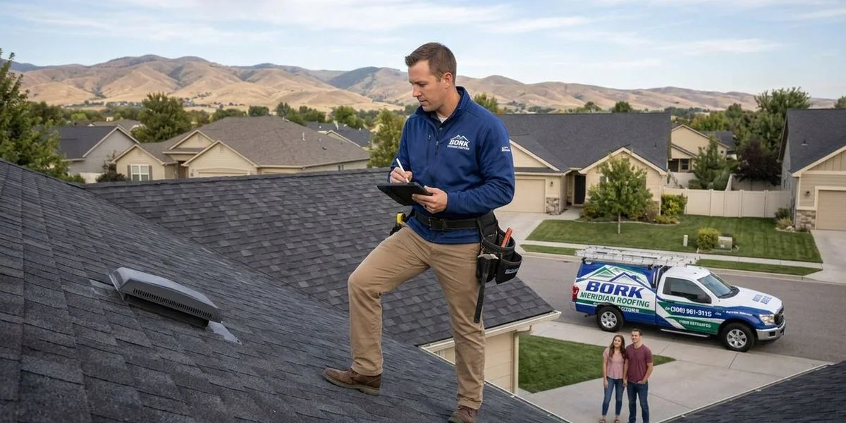 Home inspector on a roof with clipboard conducting a pre-purchase roof inspection for a prospective home buyer
