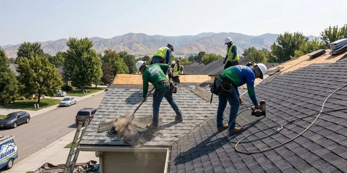 Roofing crew working on active roof replacement project showing tear off and installation process
