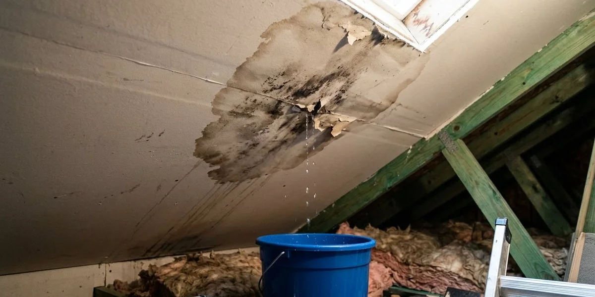 Water stain spreading on ceiling from an active roof leak with a bucket placed underneath catching drips in an emergency situation