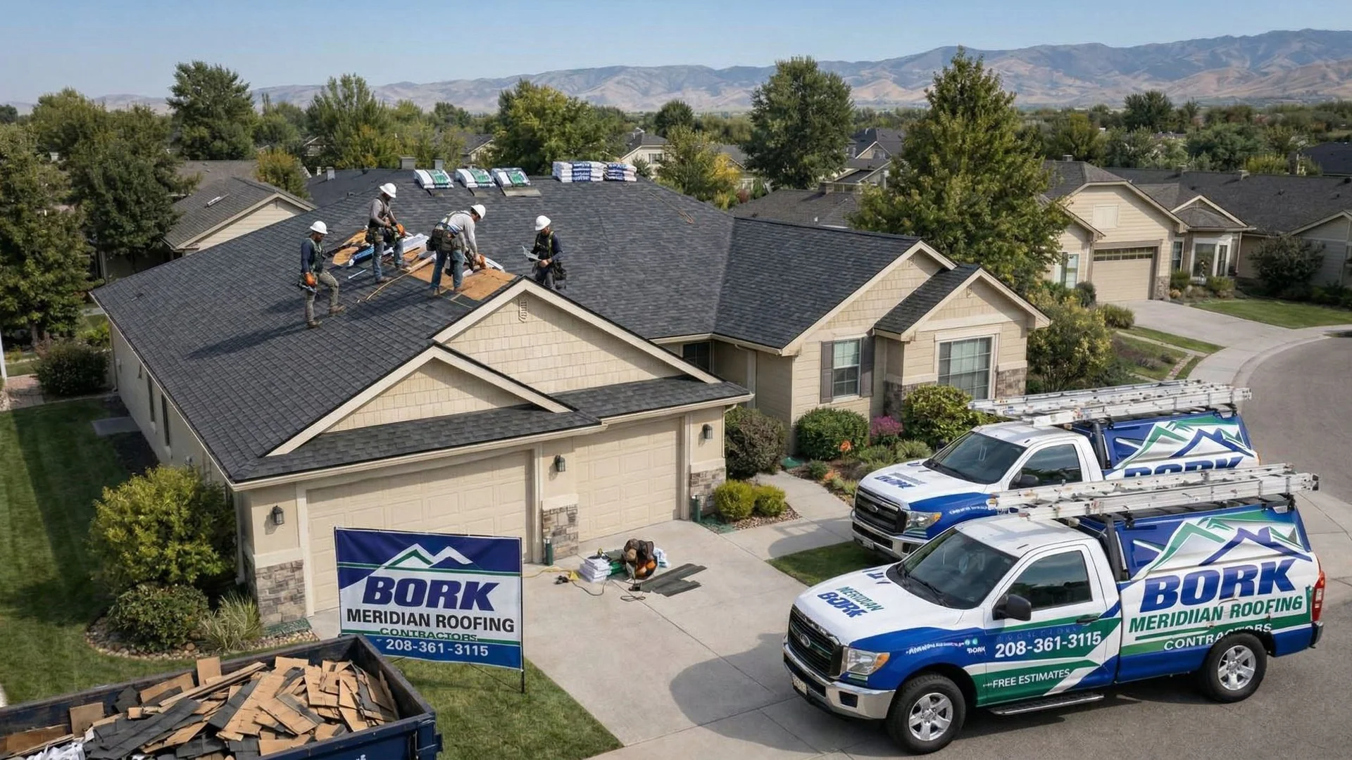 Professional roofing crew installing new shingles on a Meridian, Idaho home